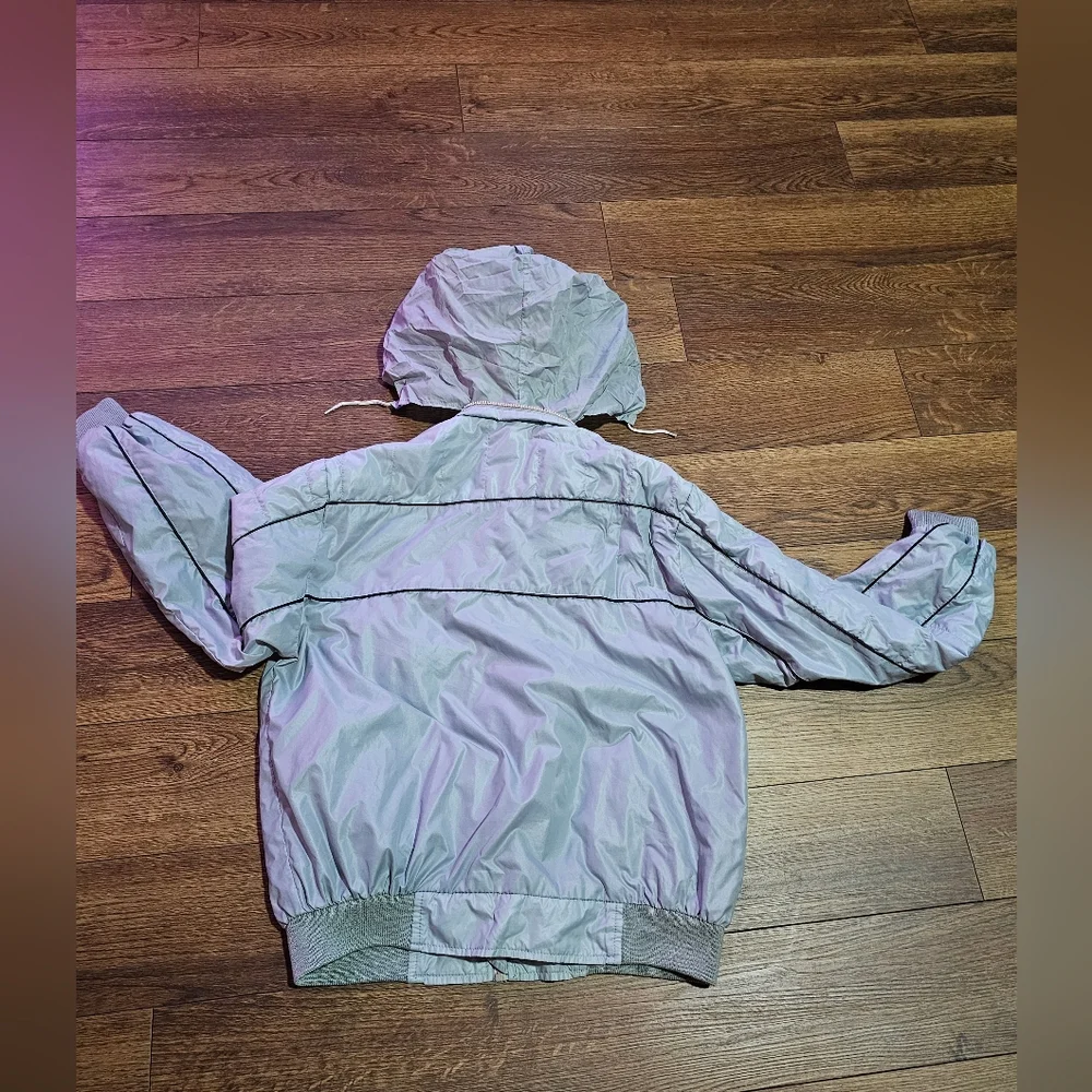 80s Mobil 1 Racing Bomber Windbreaker‎ Hooded Jacket Stange Sz L Gray Korea Vtg